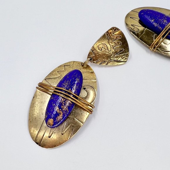 NWOT - Lapis Inspired Large Oval Metal Wrapped Gold Tone Post Earrings - Picture 6 of 7